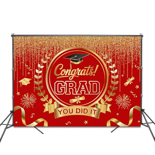 Graduation Backdrop Congrats Grad You Did It Party Decorations Background Congratulations Graduate Class of 2026 Banner Photo Booth Props (Red and Gold, 7x5ft) - color: Red and Gold