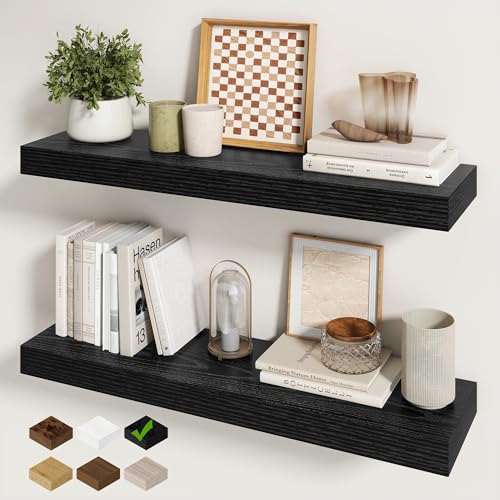 Fun Memories 30Inch Floating Shelves for Wall, 2 Pack Rustic Wood Shelves for Bathroom|Kitchen Wall Mounted Floating Shelf with Invisible Brackets for Books|Storage|Decor,Black - color: Black, size: 30"W x 6.5"D