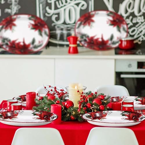 50 Pcs Christmas Oval Plates 10" x 12" Large Disposable 400 GSM Heavy Duty Red Poinsettia Floral Paper Dessert Plates Christmas Birthday Party Decorations for Festive Xmas Theme Dinner Party Supplies - style: Poinsettia Flower Oval Plate