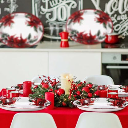 50 Pcs Christmas Oval Plates 10" x 12" Large Disposable 400 GSM Heavy Duty Red Poinsettia Floral Paper Dessert Plates Christmas Birthday Party Decorations for Festive Xmas Theme Dinner Party Supplies - style: Poinsettia Flower Oval Plate