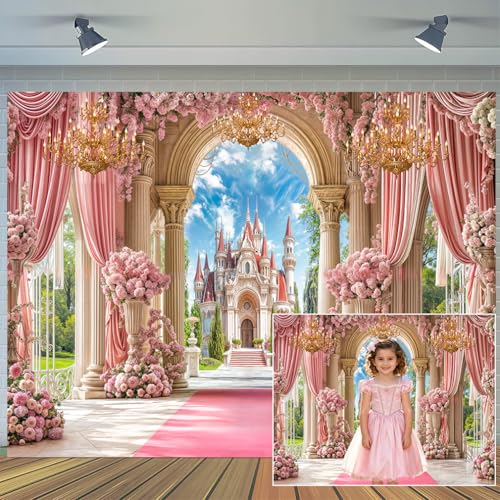 5 x 3 ft Princess Castle Backdrop Pink Palace Curtain Floral Fairy Tale Garden Green Plants Cloud Crystal Lamp Background Girls Child Birthday Party Decorations Photo Booth Banner - color: Multi6, size: 5x3ft
