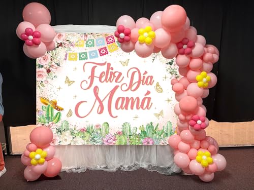 Feliz Dia Mama Banner Backdrop 7x5FT Mexican Happy Mother's Day Photography Background Pink Flowers Cactus Best Mom Ever Party Decorations Supplies Photo Props - size: 7x5FT