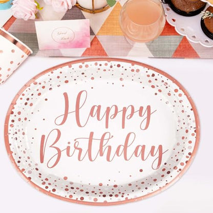 Grencian 50Pcs Pink Rose Gold Birthday Oval Plates 10" x 12" Large Heavy Duty Pink Dots Paper Plates Disposable 400GSM Tableware Dinnerware for Girls Women Rose Gold Birthday Party Decorations - style: Pink Rose Gold Oval Kit