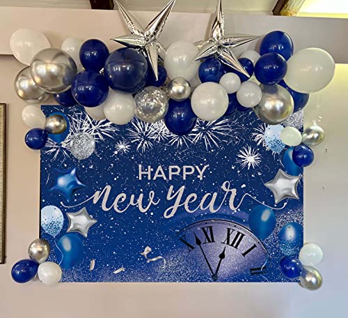 Blue Happy New Year Backdrop 2026 New Year Eve Party Photography Background Fireworks Navy Blue Silver Glitter Sequin New Years Party Decor Supplies Banner Gift Ideas Favor 8X6FT - size: 8X6FT(96x72 inch)