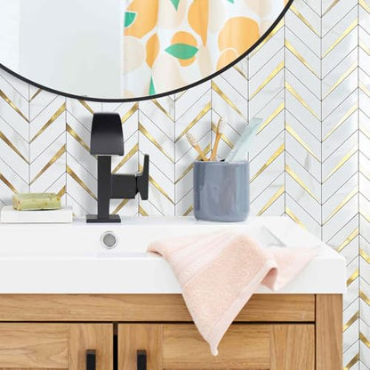 DICOFUN 10-Sheet Herringbone Tile Peel and Stick Backsplash, Polished White Marble PVC Mixed Metal Gold Stick on Backsplash for Kitchen and Bathroom Wall - color: Polished White Marble and Metal Gold, size: 10 Sheets, 12"x12"x0.12"
