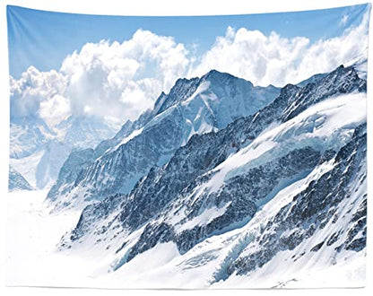 BELECO 5x4ft Fabric Winter Snow Mountain Photography Backdrop Swiss Alps Great Aletsch Glacier Blue Sky White Clouds Background Outdoor Adventure Ski Mountain Party Decorations Portrait Photo Props