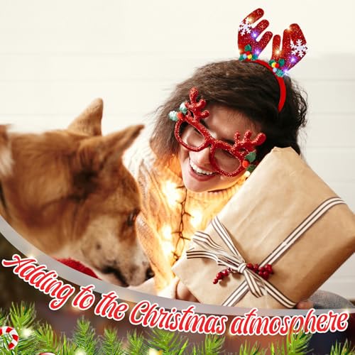 Jexine 24 Pcs Christmas Light up Headbands LED Christmas Headbands with Different Designs Reindeer Antler Santa Hat Tree Xmas Hat Bow Hair Hoop for Xmas Party Favors Decoration Adult Women