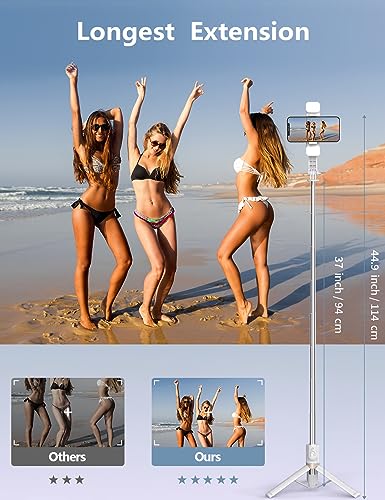 45'' Selfie Stick with Light, Travel Tripod Essentials with Wireless Remote, Portable Cell Phone Tripod Stand, Beach Cruise Ship Essentials for Family, Compatible with 4-7.2" All Smartphone - color: White - 45" Standard Height