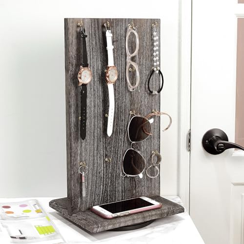 Ikee Design Wooden Rotating Two-Sided Jewelry Display Stand, Rotating Organizer with 32 Hooks for Store, Earring Keychain Display with Hooks, Coffee color, 9 W x 7.5 D x 16.5 H in - color: Coffee, 2 Pieces, Standard Hook