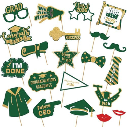 JOJO FLY 21 Pieces Graduation Photo Booth Props 2026, Green and Gold Graduation Decorations 2026, Class of 2026, Grad Party Supplies