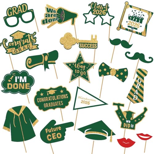 JOJO FLY 21 Pieces Graduation Photo Booth Props 2026, Green and Gold Graduation Decorations 2026, Class of 2026, Grad Party Supplies