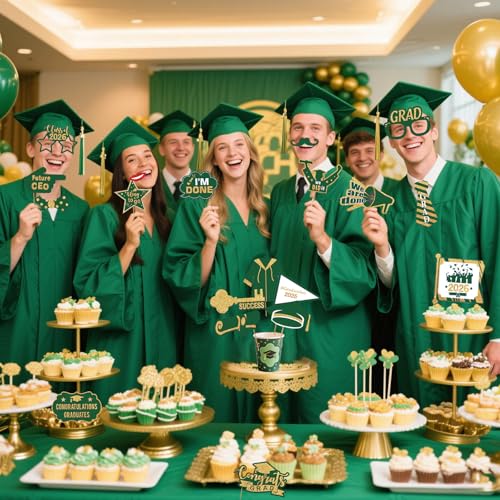 JOJO FLY 21 Pieces Graduation Photo Booth Props 2026, Green and Gold Graduation Decorations 2026, Class of 2026, Grad Party Supplies