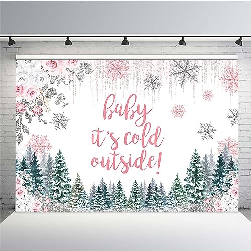 MEHOFOND 7x5ft Winter Baby Shower Backdrop for Girls Baby It's Cold Outside Pink Floral Photography Background Little Snowflake Pine Tree Oh Baby Party Banner Decorations Photo Booth Props