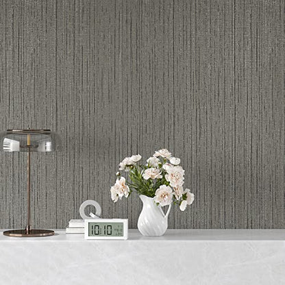VEELIKE Grey Grasscloth Vinyl Wallpaper, Textured Fabric, Peel and Stick, 15.7''x354'', 38.75 Sq Ft/Roll, Removable, Waterproof, for Walls, Furniture, Kitchen, Bathroom - color: Gray, size: 15.7" x 354"