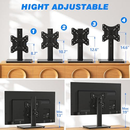 Rfiver Universal Swivel Tabletop TV Stand for Flat Screens 23 24 26 32 39 40 42 43 Inch, Heavy Duty Center Pedestal Stand Replacement with Black Tempered Glass Base and Height Adjustable Mount - size: 19-43 inch