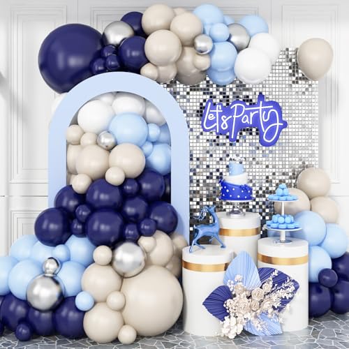 Navy Blue Silver Balloon Garland Arch Kit, Navy Blue Metallic Silver White Sand Beige Balloons Boho Garland for Baby Shower Engagement Wedding Birthday Decorations - color: Navy Blue Silver