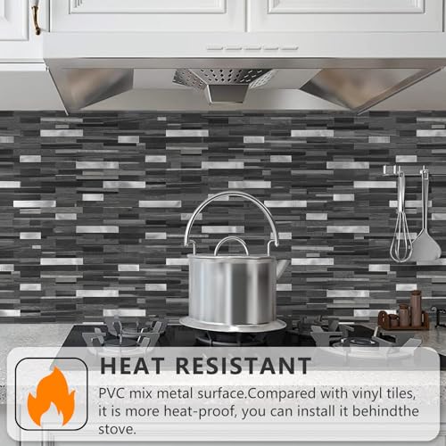 STICKGOO Peel and Stick Backsplash Tile, Stick on Backsplash for Kitchen and Bathroom, Black Grey Wood Look PVC Mixed Metal Silver Self Adhesive Wall Tiles(10 Sheets) - color: Black Grey with Metal Silver