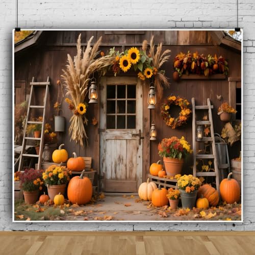 10x8ft Fall Photo Backdrop Rustic Wooden Barn Door Pumpkin Harvest Backdrop Country Fall Festival Backdrops for Photoshoot Thanksgiving Decorations Photographic Studio Photo Backgrounds - color: Yellow, size: 10x8ft