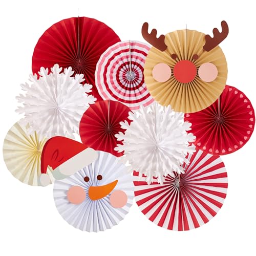 Christmas Hanging Paper Fans Decoration Red White Xmas Snowman Party Ceiling Hangings Deco Elk Tissue Paper Fans Decoration Set for Backdrops Wall Winter Party Supplies - 10pcs - color: Snowman Moose for Christmas