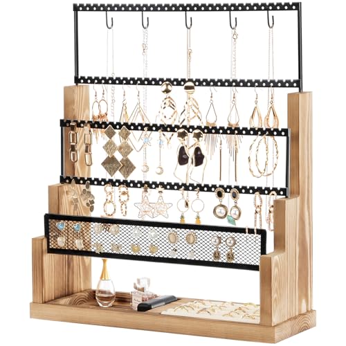 Lolalet Earring Holder Stand, Home Decor 5 Tiers Jewelry Organizer Rack for Stud Earring Necklace Bracelet Wooden Rustic Display Storage with Velvet Ring Tray,Up to 90 pairs of earrings -Nature - color: Nature