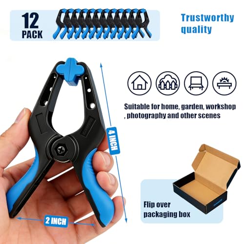 12 Pack 4inch Heavy Duty Spring Clips, Plastic Spring Clamps for Woodworking, Backdrop Stand, Pool Cover, Photography, Crafts