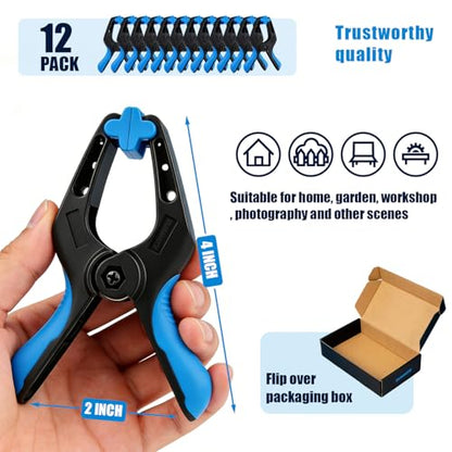 12 Pack 4inch Heavy Duty Spring Clips, Plastic Spring Clamps for Woodworking, Backdrop Stand, Pool Cover, Photography, Crafts