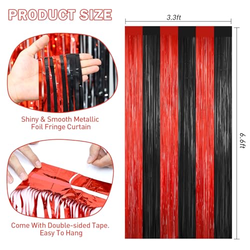 Black and Red Tinsel Backdrop Foil Fringe Curtains - 2 Packs Door Streamers Backdrop for Birthday Door Decorations, Party Supplies for Bachelorette, Graduation, Christmas, Disco Decor - color: Black and Red