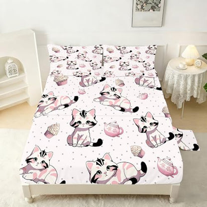 Girls Pink Fitted Sheet Set Twin Size Cute Cat Sheet Set Kawaii Kids Sheet Soft Microfiber 3-Piece Sheet Set Twin Bedspread 1 Fitted Sheet+1 Flat Sheet+1 Pillowcase Cartoon Bedding Set - color: Pink-cat, size: Twin