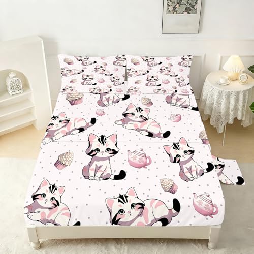 Pink Cat Fitted Sheet Set Queen Size Girls Cute Sheet for Bedroom Kids Soft Microfiber 4-Piece Cartoon Sheet Set 1 Fitted Sheet+1 Flat Sheet+2 Pillowcases Cartoon Bedding Set - color: Pink-cat, size: Queen