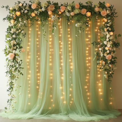 Sage Green Tulle Backdrop Curtain with Lights - 10x10ft Sheer Backdrop with 300 LEDs for Wedding, Baby Shower, Bridal Shower, Birthday Party Photo Shoot Background and Home Decorations - color: Sage Green, size: 10 x 10 Feet