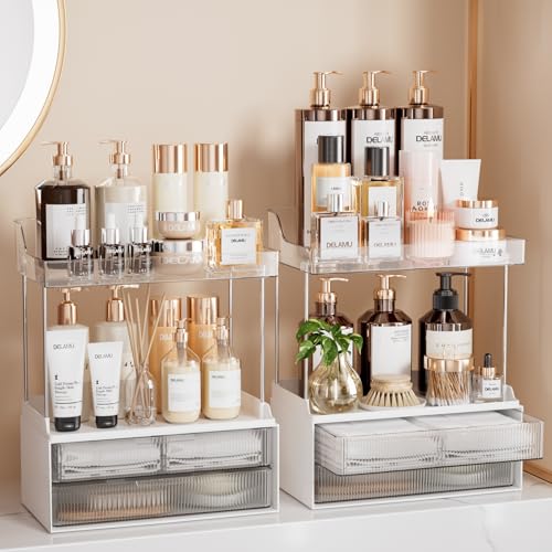 Delamu Bathroom Organizers and Storage, 2 Tier 2 Drawer Makeup Organizer Countertop, Easy to Install, Ideal for Bathroom Counter, Vanity, Ideal for Women Girls, Clear 2Pack - color: Clear, size: 2Drawers 2 Pack
