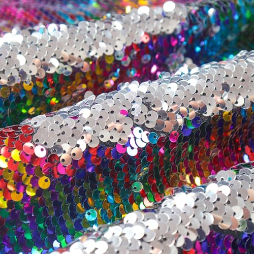 DUOBAO Rainbow to Silver Mermaid Fabric by The Yard Two Tone Sequin Glitter Fabrics Sequence Reversible Unique Quality Material Mesh Sequins for Tablecloth Table Runner Backdrop - color: Rainbow to Silver, size: 1 Yard