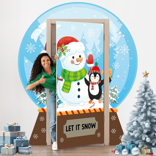 Winter Snow Globe Porch Sign Banners Snowflake Ball Photography Backdrop Snowman Penguin Hanging Banners Backdrop Christmas Party Photo Props for Home Xmas Holiday Party Decors Supplies