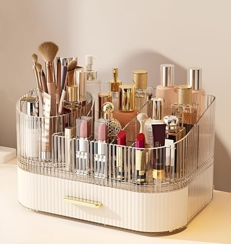 Makeup Organizer with Drawers and 360° Rotating Brush Holder, Large Capacity Cosmetic Storage for Vanity, Skincare, Perfume, Hair Accessories, Lipstick & Jewelry (Cream White, 2-layer) - color: Cream White, size: 2-layer