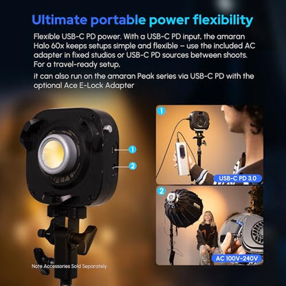 Amaran Halo 60X COB Led Video Light 63W Bi-Color 2700k-6500k,3,270 lux@ 1m (Bare),Ultra-Compact Travel Light,USB-C PD Power,App/NFC Control, Bowens Mount for YouTube TikTok Studio(60, Watts)