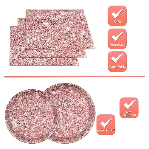 144PCS Pink Rose Gold Plates and Napkins Rose Gold Birthday Party Supplies Pink Rose Gold Party Tableware Set Pink Glitter Paper Plates Napkins Cups Forks Knives Birthday Baby Shower Decor Serve 24 - style: Pink