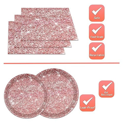 144PCS Pink Rose Gold Plates and Napkins Rose Gold Birthday Party Supplies Pink Rose Gold Party Tableware Set Pink Glitter Paper Plates Napkins Cups Forks Knives Birthday Baby Shower Decor Serve 24 - style: Pink