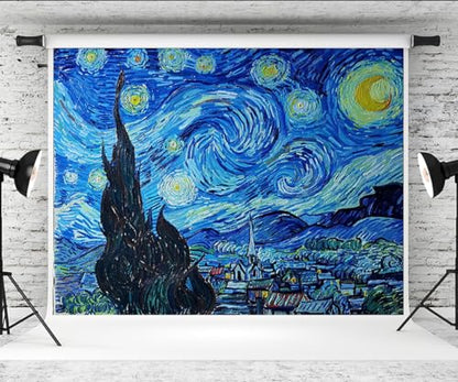 10x8ft Van Gogh Starry Sky Backdrop Abstract Stars Wall Oil Painting Photography Background Van Gogh Aesthetic Artwork for Wallpaper Decoration Birthday Party Baby Shower Wedding Photo Studio Props - size: 10x8ft
