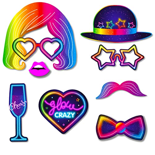 25pcs Glow Neon Photo Booth Props with Stick, Photo Props for Birthday Let's Glow Themed Neon Glow in The Dark Disco Black Light Party Decoration Supplies