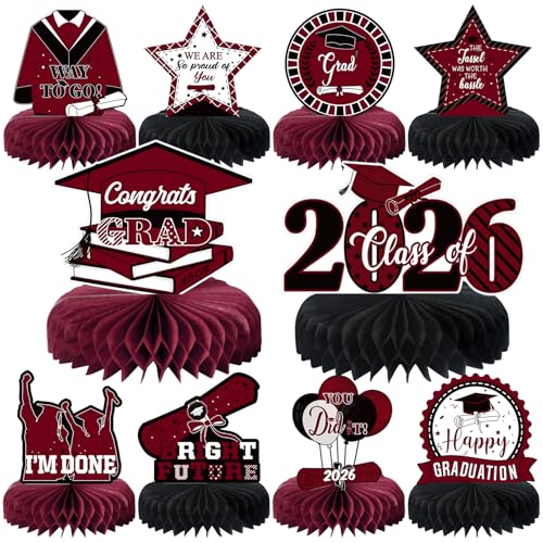 10PCS Graduation Party Decorations Class of 2026 Congrats Grad Table Centerpieces Congratulate Graduation Honeycomb Table Toppers for Graduation Party Supplies(Maroon Black) - color: Maroon Black