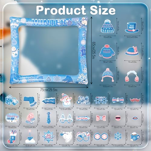 Winter Photo Booth Props Inflatable Frame, 30Pcs Winter Wonderland Photo Props with Inflatable Picture Frame Large for Frozen Holiday Party Selfie Supplies - color: Winter