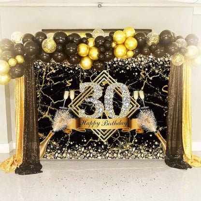 Sensfun Black Gold 30th Birthday Backdrop 30 Years Old Happy Birthday Decorations Banner for Women Diamond Thirty Birthday Party Suppiles Marble Champagne Photography Background Photoshoot Prop 10x7ft - size: 10x7ft