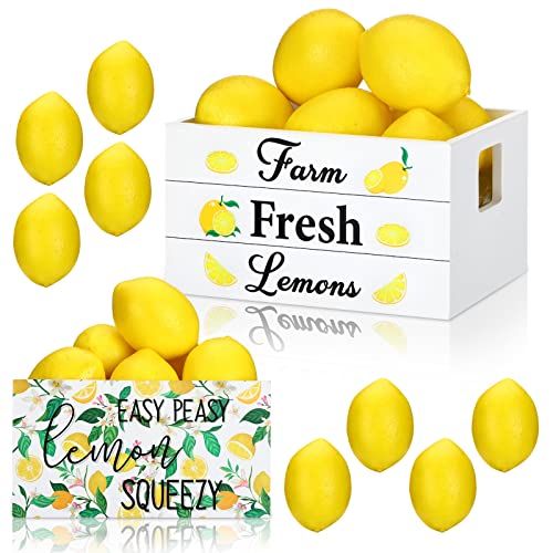 Marsui Lemon Decor Set Mini Wooden Crate with 8 Fake Lemon for Home Kitchen Farmhouse Rustic Summer Tiered Tray Decor Table Decorations Summertime Party Centerpiece