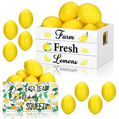 Marsui Lemon Decor Set Mini Wooden Crate with 8 Fake Lemon for Home Kitchen Farmhouse Rustic Summer Tiered Tray Decor Table Decorations Summertime Party Centerpiece