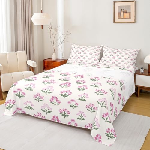 Castle Fairy Pink Flowers Bed Sheet Set King Size 4pcs,Rustic Botanical Floral Bedding Sets,Aesthetic Flower Chic Pattern Flat Sheet + Fitted Sheet for Kids Girls Woman Teens Room Decor - color: Beige Pink, size: KING(W78*L80*H16")