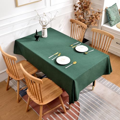 Faux Linen Tablecloth 71x55 Inch Hunter Green Rectangle Table Cloth Waterproof Stain Resistant, Washable Farmhouse Table Cover for Kitchen Dining Outdoor Picnic and Party - color: Fine Yarn - Green, size: 71" x 55" (Rectangular)
