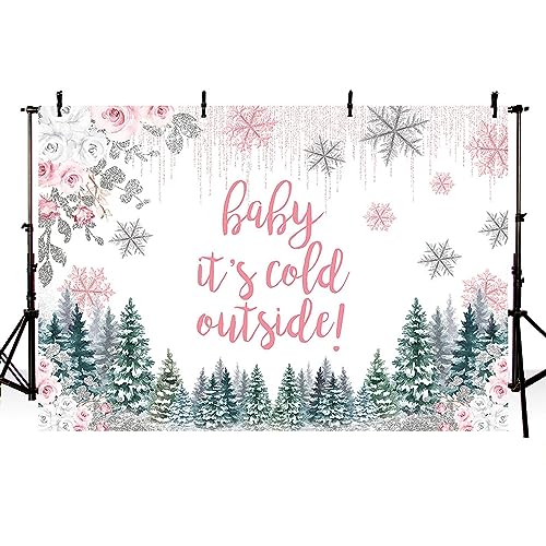 MEHOFOND 7x5ft Winter Baby Shower Backdrop for Girls Baby It's Cold Outside Pink Floral Photography Background Little Snowflake Pine Tree Oh Baby Party Banner Decorations Photo Booth Props