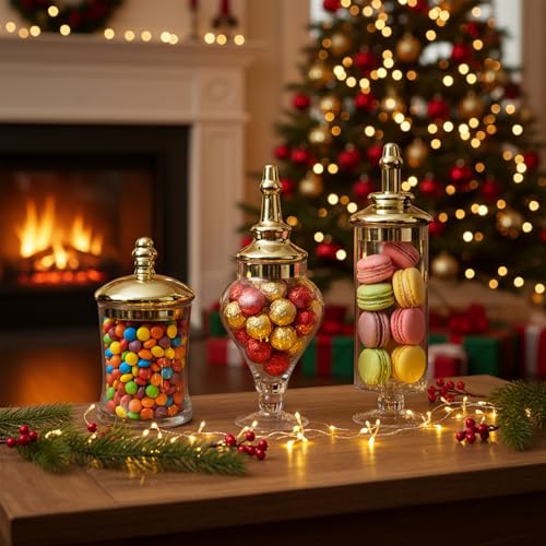 MyGift 3 Piece Set Antique Clear Glass Bathroom Apothecary Jars with Lid, Wedding Centerpiece, Kitchen Storage Jars with Metallic Brass-Tone Design - color: Gold