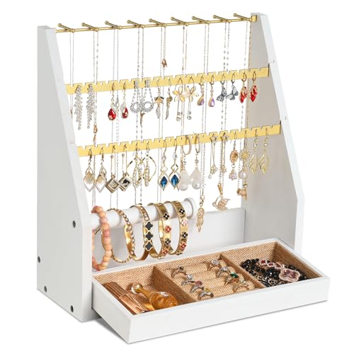 DGWJSU Jewelry Organizer Stand, 5 Layer Earring Holder Organizer with Necklace Holder, Rustic Wood Earring Organizer Display for Stud Earring Bracelet Necklace Ring, Watches(White Gold) - color: White Gold