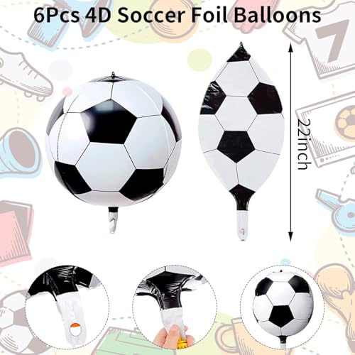 22 Inch 4D Soccer Foil Balloons, 6Pcs Soccer Party Decorations Football Shape Mylar Foil Balloons Sport Decor for Boys Kids Soccer Ball Fans Theme Birthday Party Decorations Supplies - color: Black White 4d Soccer